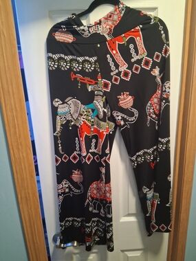 Yelete Black Palazzo Pants with Red and White Tribal Print